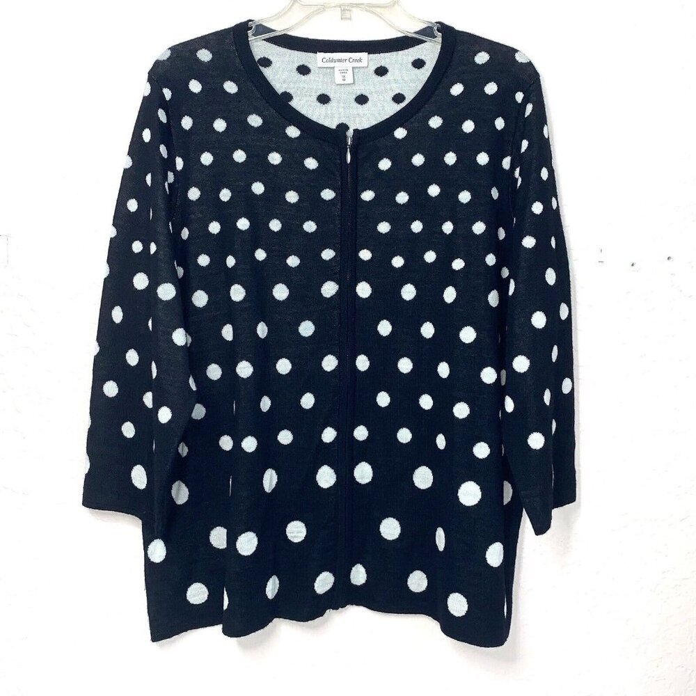 Coldwater Creek Zip Up Cardigan Womens 1X Merino Wool Blend Black White Dots